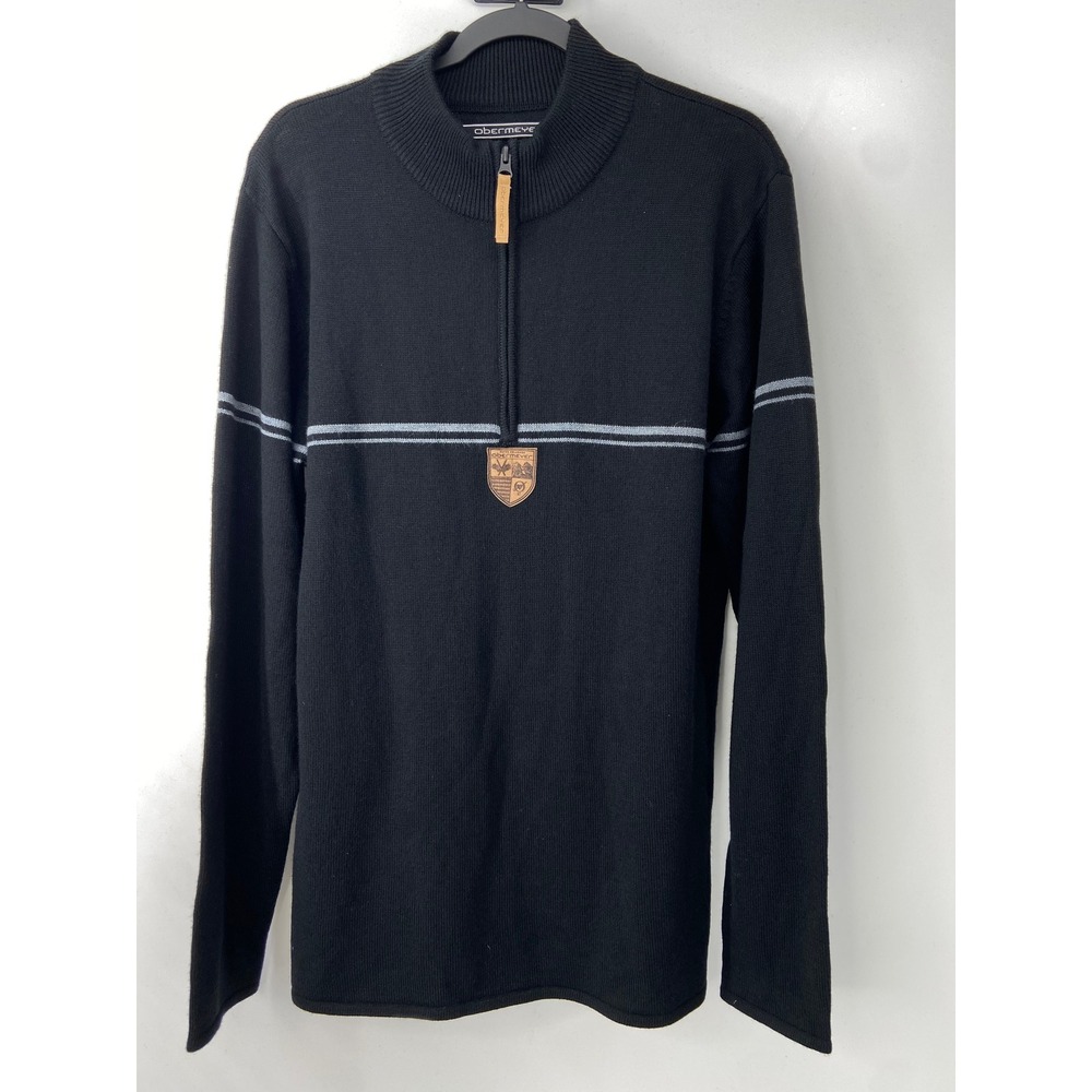 Obermeyer Sweater Mens Large Black Zurich 1/4 Zip Merino Wool Aspen Ski Gorpcore